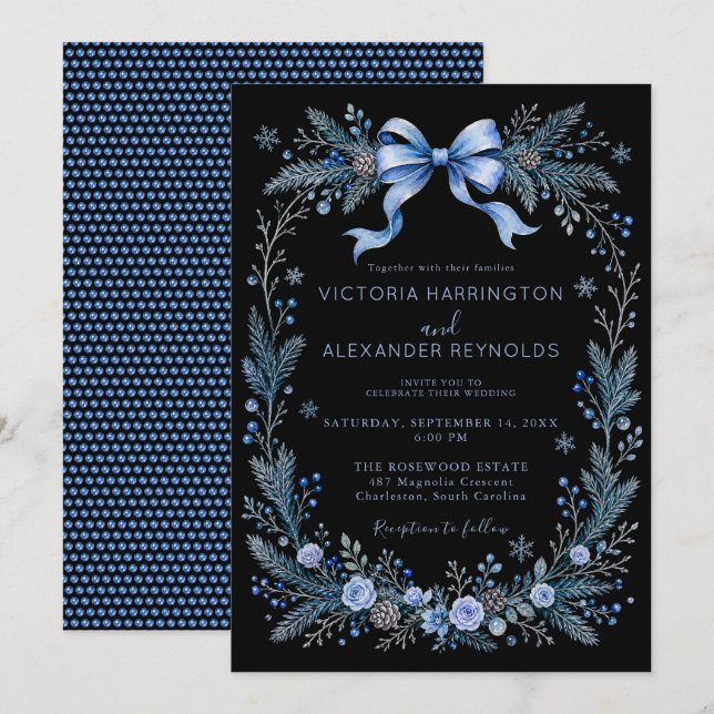 Convite de Casamento Floral Azul com Laço (Frente/Verso)
