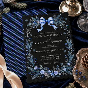 Convite de Casamento Floral Azul com Laço