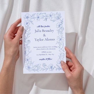 Convite de Casamento Floral Azul com Pombo Branco