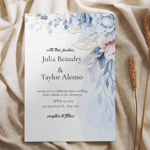 Convite de Casamento Floral Azul com Pombo Branco