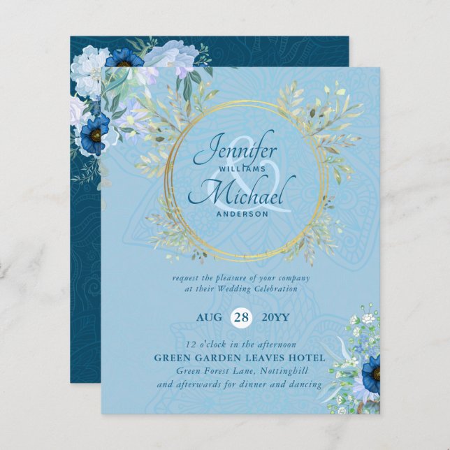 CONVITE DE CASAMENTO Floral Azul-Dourado (Frente/Verso)