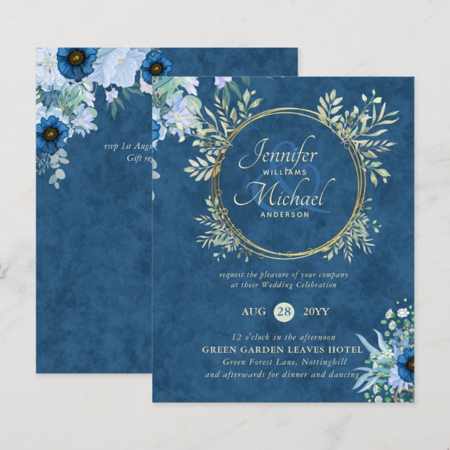CONVITE DE CASAMENTO Floral Azul-Dourado (Frente/Verso)