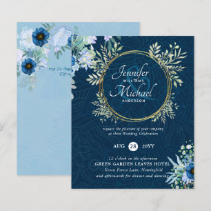 Convite de casamento Floral Azul Dourado do ORÇAM