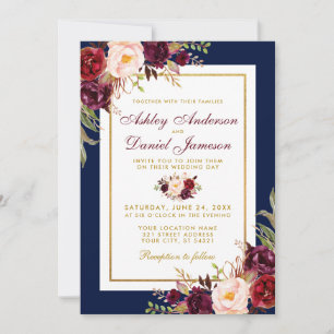 Convite de casamento Floral Azul Dourado Elegante