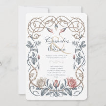 Convite de Casamento Floral Azul e Beijo Vitoriano