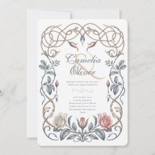 Convite de Casamento Floral Azul e Beijo Vitoriano