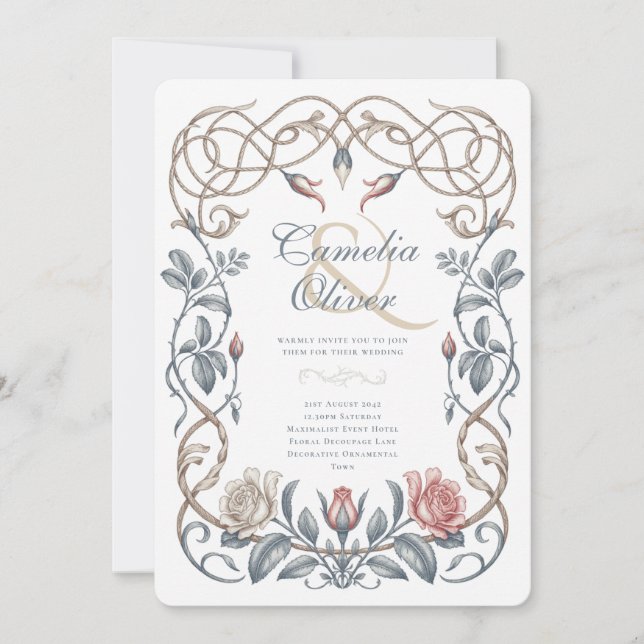 Convite de Casamento Floral Azul e Beijo Vitoriano (Frente)