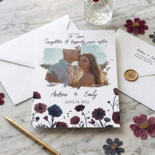 Convite de Casamento Floral Azul e Borgonha Sombri