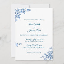 Convite de Casamento Floral Azul e Branco