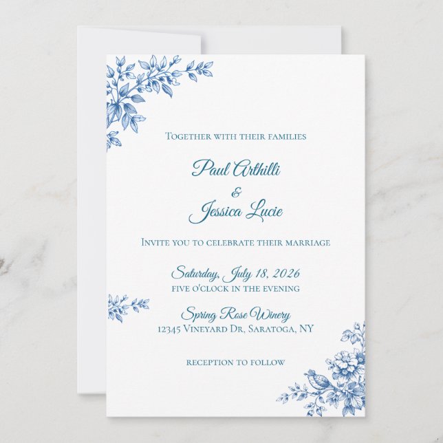 Convite de Casamento Floral Azul e Branco (Frente)