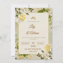 Convite de Casamento Floral Azul e Branco Elegante