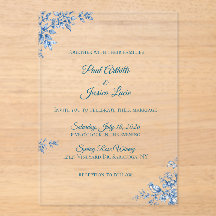 Convite de Casamento Floral Azul e Branco em Acríl