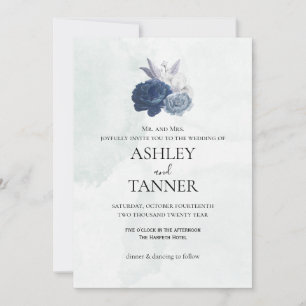 Convite de Casamento Floral Azul e Cinza Elegante