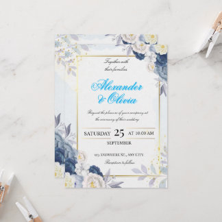 Convite de Casamento Floral Azul e Dourado