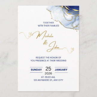 Convite de Casamento Floral Azul e Dourado Elegant