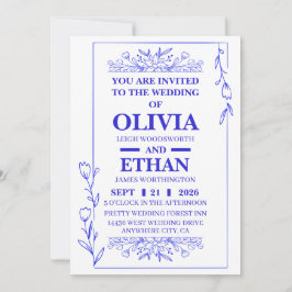 Convite de Casamento Floral Azul Editável