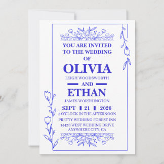 Convite de Casamento Floral Azul Editável