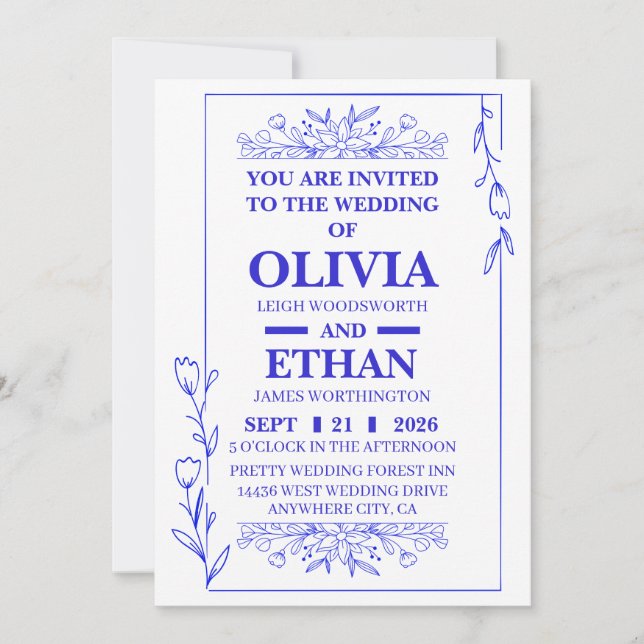 Convite de Casamento Floral Azul Editável (Frente)