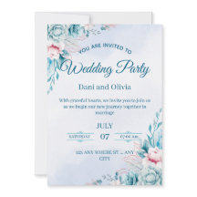 Convite de Casamento Floral Azul Editável