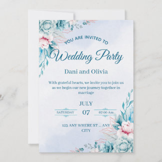 Convite de Casamento Floral Azul Editável