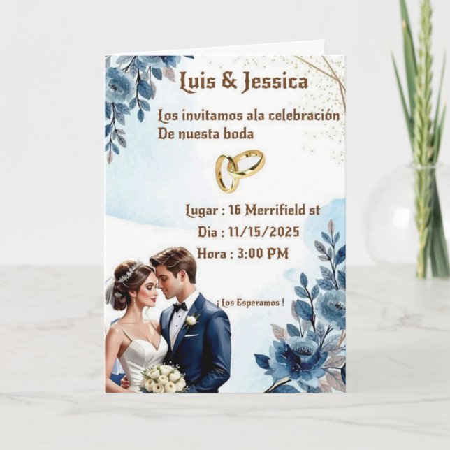 Convite de Casamento Floral Azul Elegante (Frente)