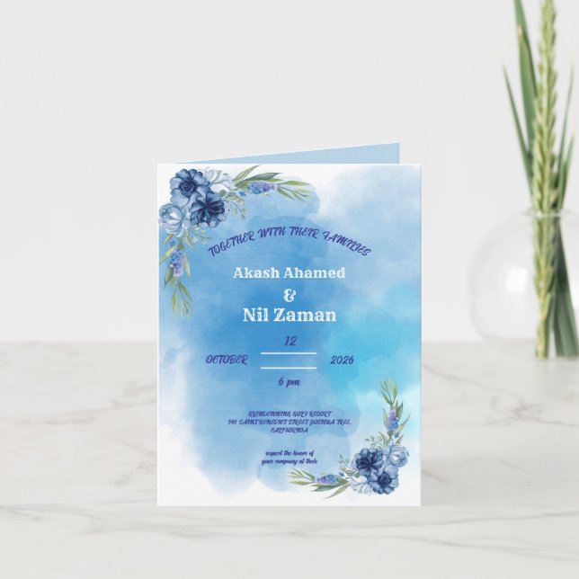 Convite de Casamento Floral Azul Elegante (Frente)