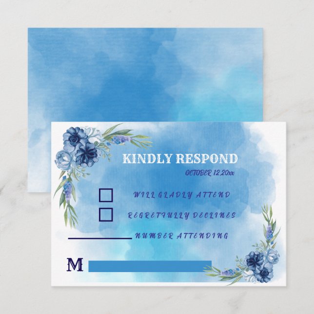 Convite de Casamento Floral Azul Elegante (Frente/Verso)
