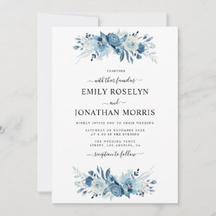 convite de casamento floral azul elegante