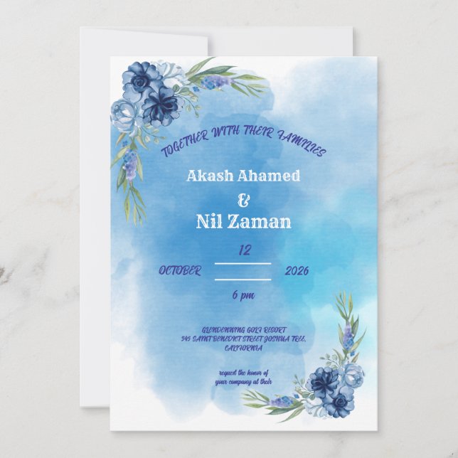 Convite de Casamento Floral Azul Elegante (Frente)
