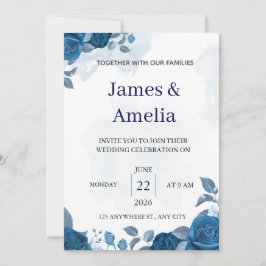 Convite de Casamento Floral Azul Elegante