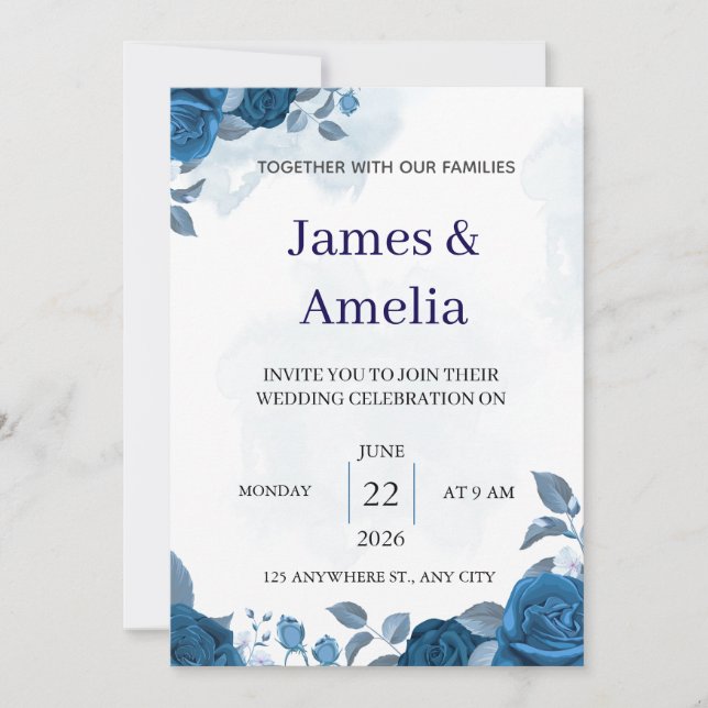 Convite de Casamento Floral Azul Elegante (Frente)