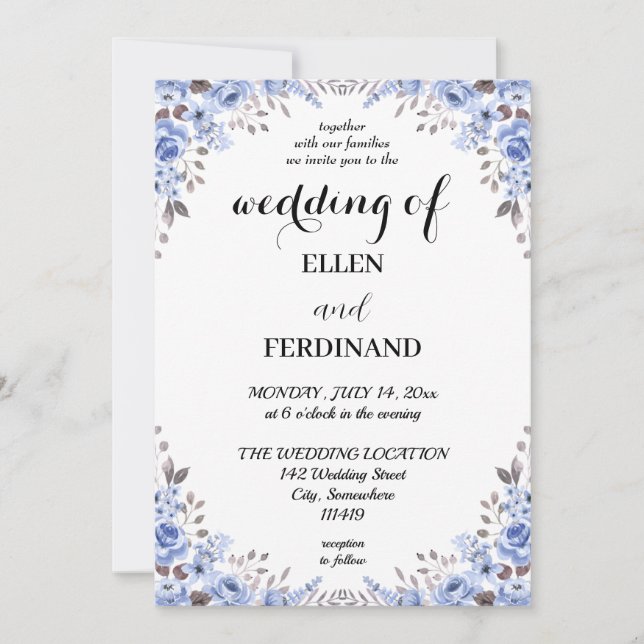 Convite de Casamento Floral Azul Elegante (Frente)