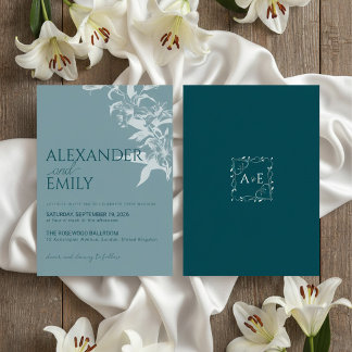 Convite de Casamento Floral Azul Elegante