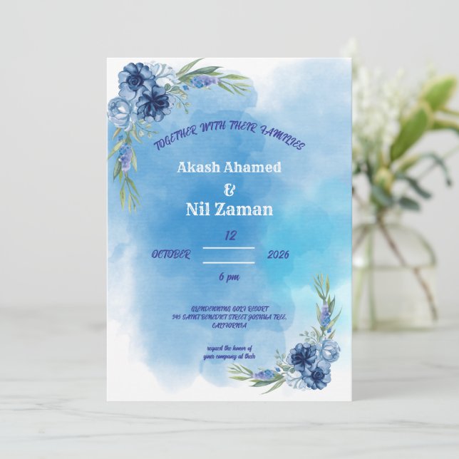 Convite de Casamento Floral Azul Elegante (Em pé/Frente)