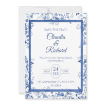 Convite de Casamento Floral Azul Elegante 