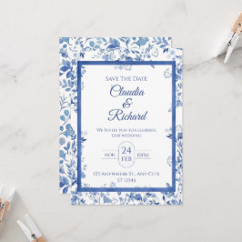 Convite de Casamento Floral Azul Elegante 