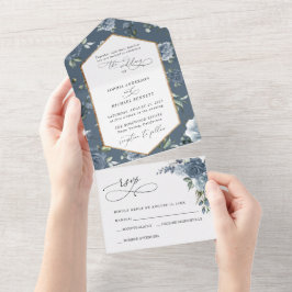 Convite de Casamento Floral Azul Elegante e Sofist