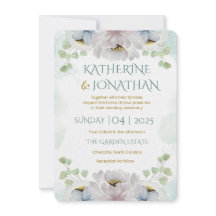 Convite de Casamento Floral Azul Elegante em Aquar