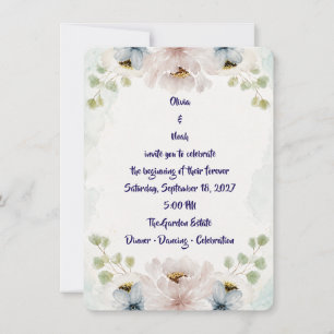 Convite de Casamento Floral Azul em Aquarela Elega