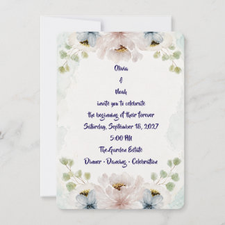 Convite de Casamento Floral Azul em Aquarela Elega