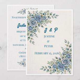 Convite de Casamento Floral Azul Empoeirado