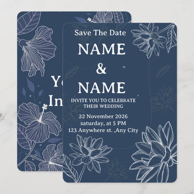 Convite de Casamento Floral Azul Empoeirado (Frente/Verso)