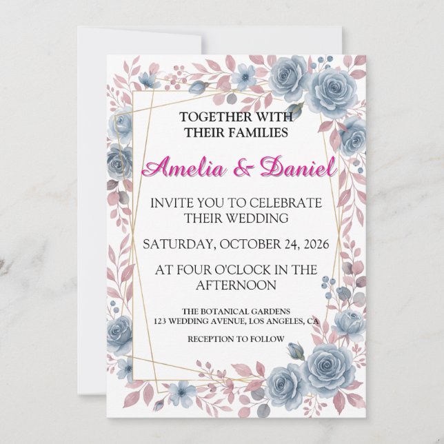 Convite de Casamento Floral Azul Empoeirado (Frente)