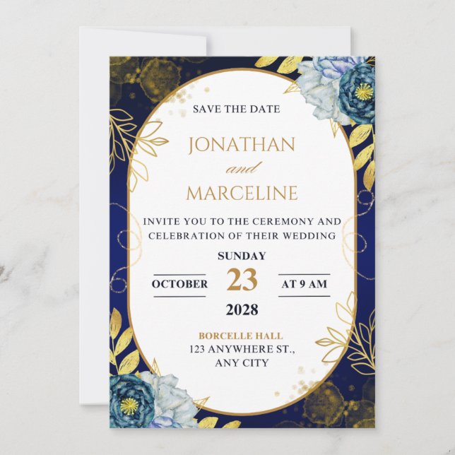 Convite de casamento floral azul escuro e dourado (Frente)