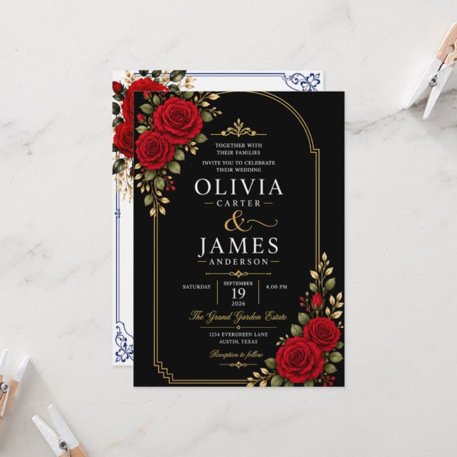Convite de Casamento Floral Azul Fundo | Rosa Verm (Frente/Verso In Situ)