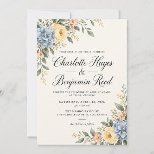 Convite de Casamento Floral Azul Hydrangea Amarela