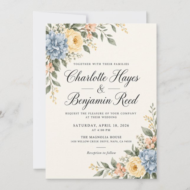 Convite de Casamento Floral Azul Hydrangea Amarela (Frente)