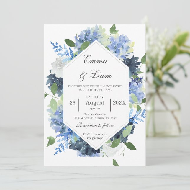 Convite de Casamento Floral Azul Marinho (Em pé/Frente)