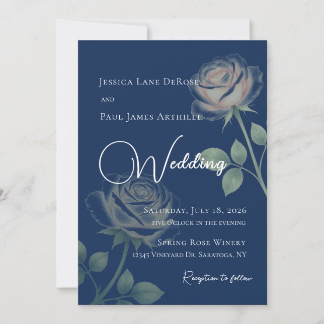 Convite de Casamento Floral Azul Marinho (Frente)