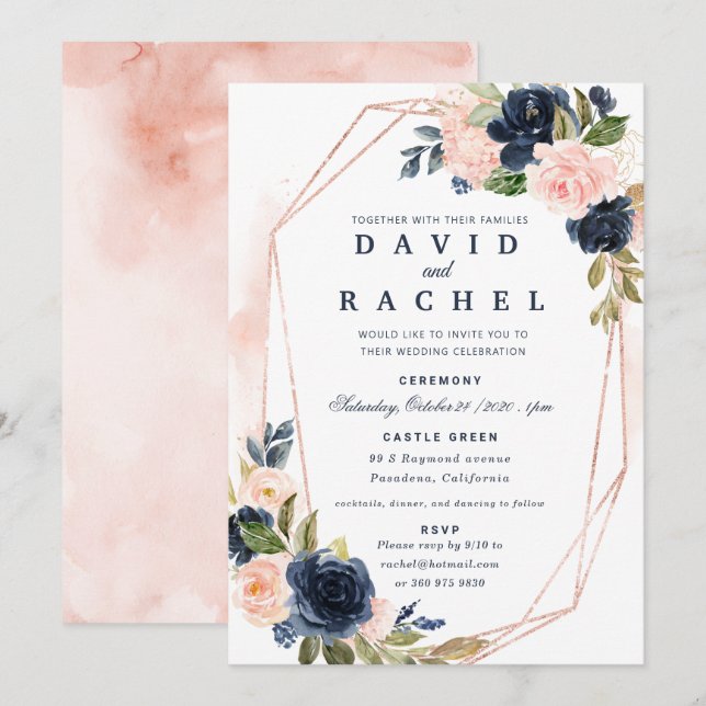 Convite de Casamento Floral Azul Marinho (Frente/Verso)